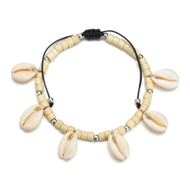 Einstellbare Modeschmuck Kette mit beigen Perlen und Muscheln - Fusskette und Armkette in Einem 