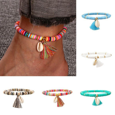 Fussketten Perlenketten Armband mit Muscheln und Pompom in diversen Farben