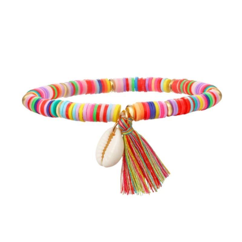 Farbige Bunte Fusskette aus Perlen mit Muschel und Pompom - Boho Beach Schmuck Schweiz