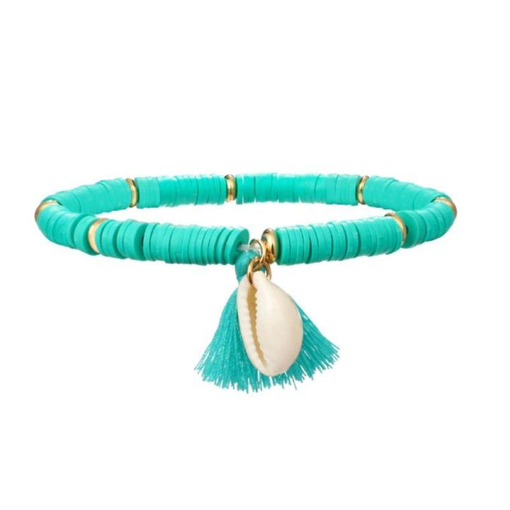 Gruenes Tuerkis Fusskette mit Muschel und Pompom Anhanger - Clay Perlen Armband Fusskette