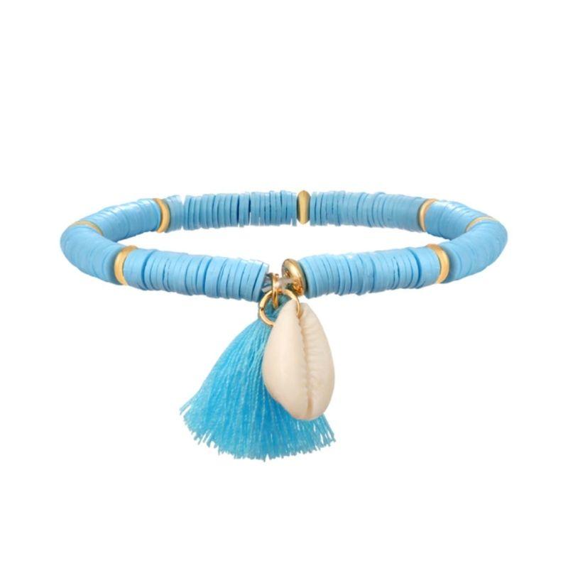 hellblaue Fusskette mit Muschel - Hellblau Clay Perlen Armkette Fusskette