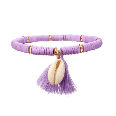 Muschel Beach Style Fusskette mit Pompom und Clay Perlen in Violett Lila Flieder