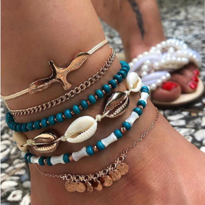 Boho Fussketten Set mit Muschelketten und Perlenketten