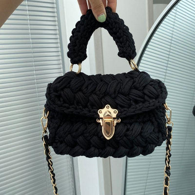 Schwarze Strick Gewobene Haekel Tasche mit goldenem Verschluss Fashion Handtasche Klein elegant Damen kaufen