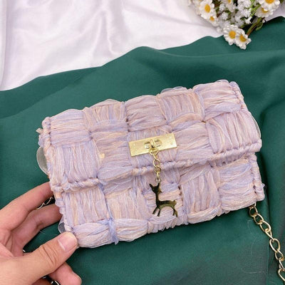 Flieder Beige Gewebte Stricktasche Haekeltasche Handtaschen Damen mit goldener Gliederkette