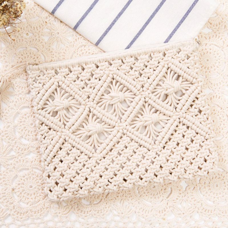 Weisse gewobene Clutch Boho Haekeltasche 