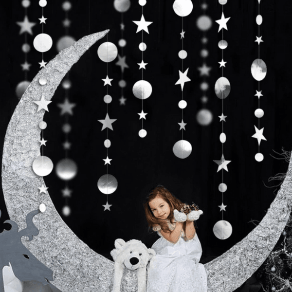 Girlanden Dekoration mit Sternen und Kreisen | Dekoration für dein Zuhause | Weihnacht, Silvester, Hochzeit Deko in silber