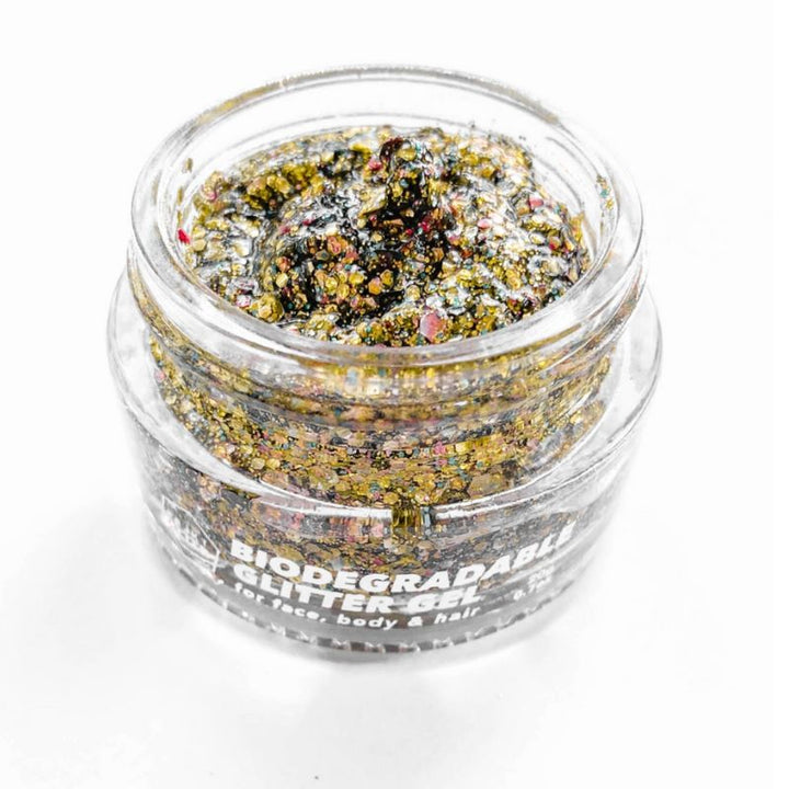 Bio Glitzer Gel in gold mit farbigen Pigmenten - Glitzer Make-Up fuer Gesicht Koerper und Haare