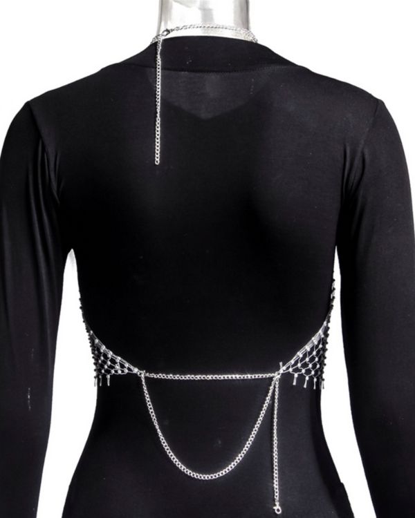 Rueckenfreies Netz Glitzer Neckholder Crop Top