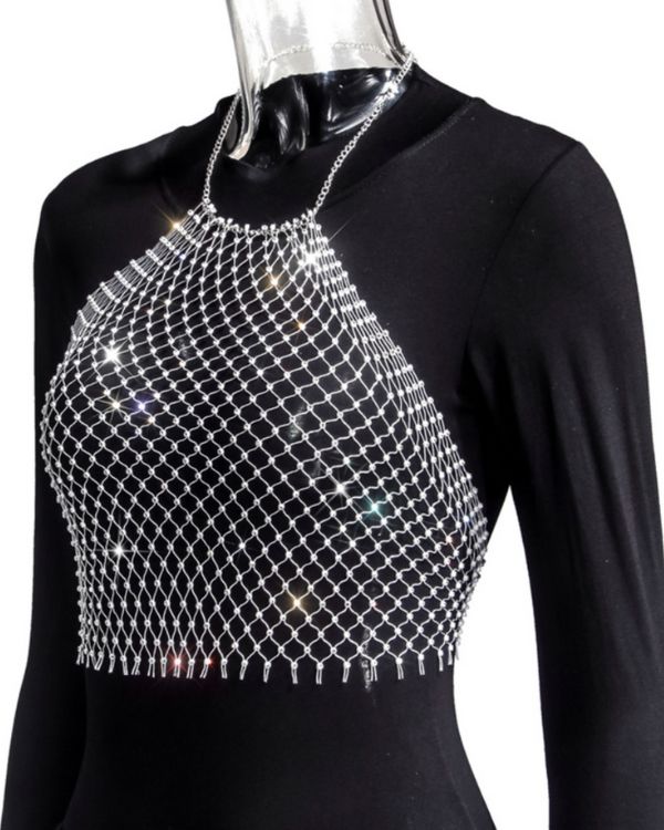 Netz Crop Top mit Glitzersteinen - Neckholder Glitzer Festival Top