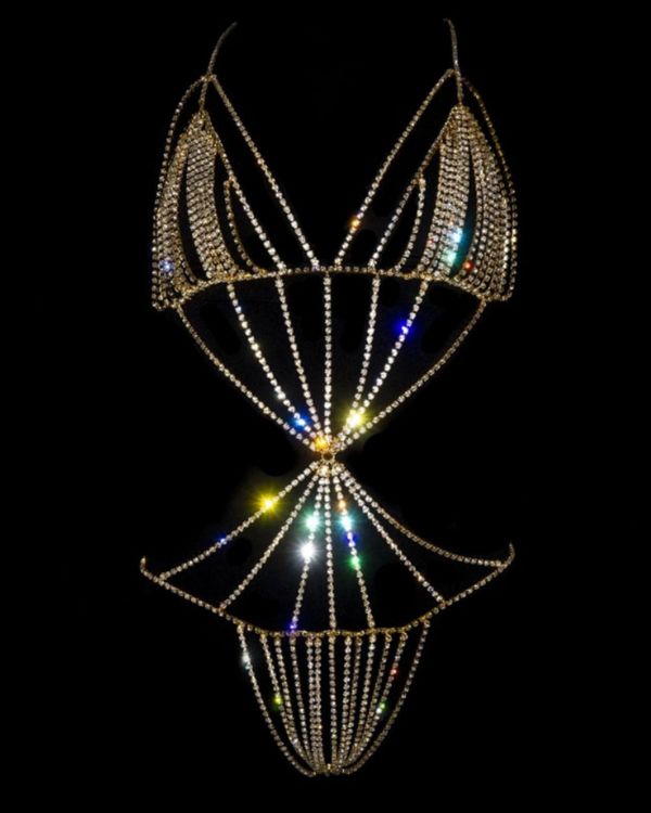 Goldenes Strasssteine Koerperguertel Dessous Set - Erotisches und elegantes Ketten Set fuer Oberkoerper