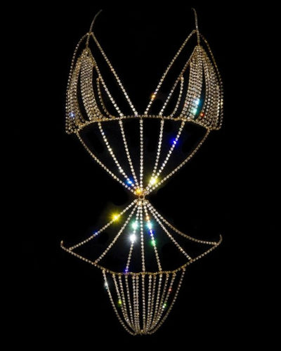 Goldenes Strasssteine Koerperguertel Dessous Set - Erotisches und elegantes Ketten Set fuer Oberkoerper