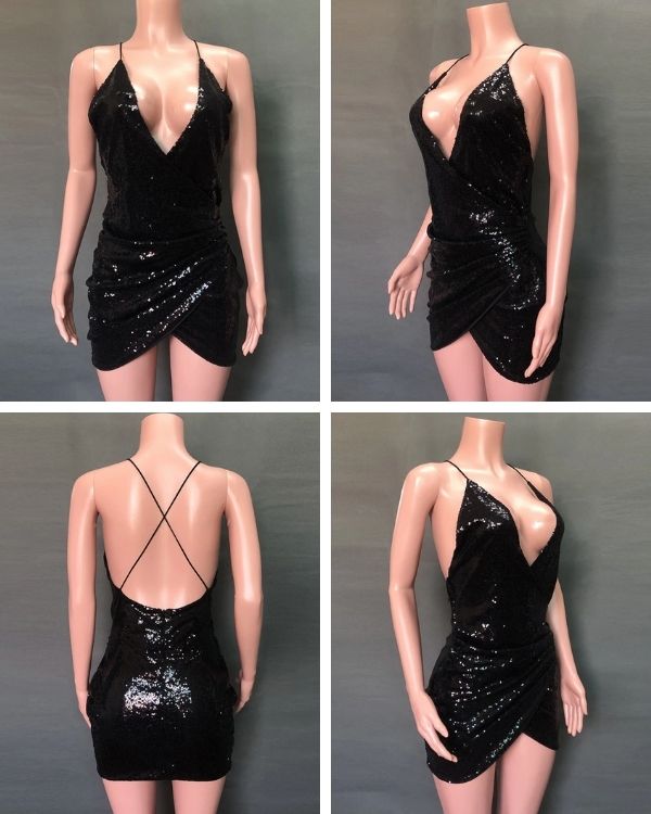 Schwarzes Glitzer Pailletten Kleid mit tiefem Ausschnitt 