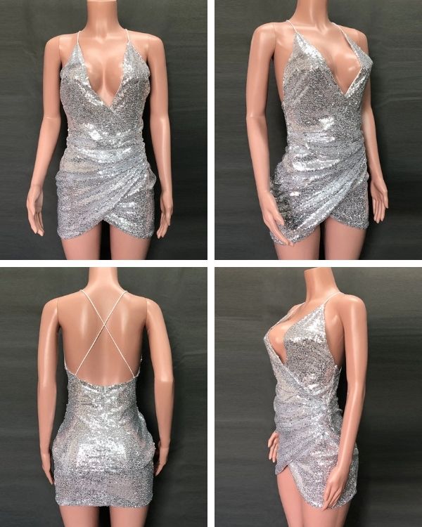 Silbernes Damen Glitzer Pailletten Kleid mit V-Ausschnitt und Spaghetti Traegern