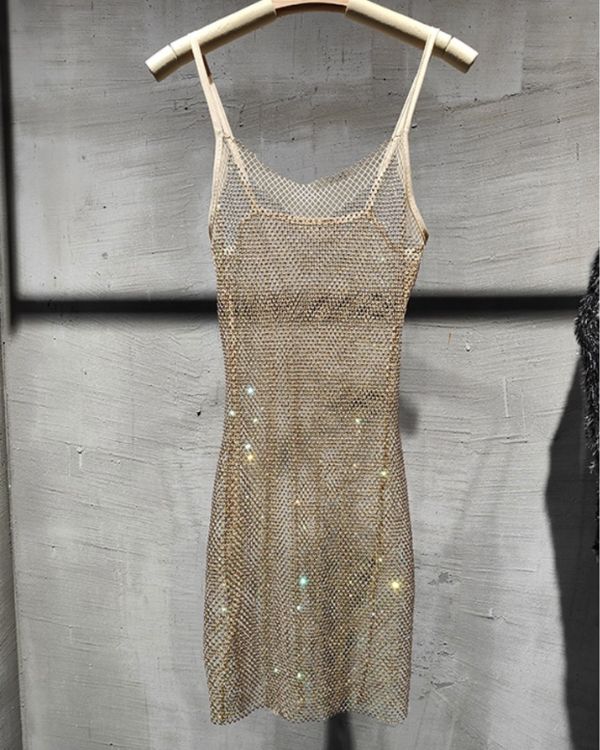 Goldenes elegantes Netz Glitzer Kleid mit verstellbaren Spaghetti traegern