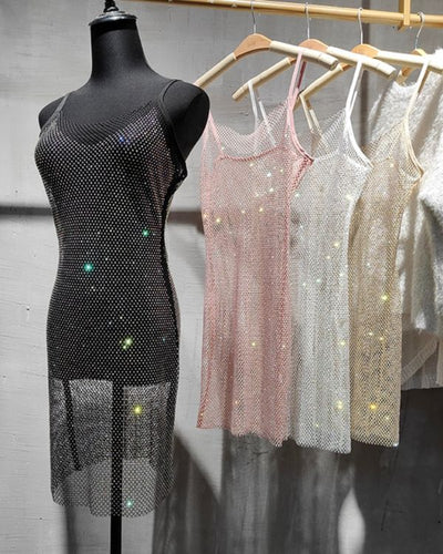 Transparentes Glitzer Mesh Kleid mit Spaghetti Traegern