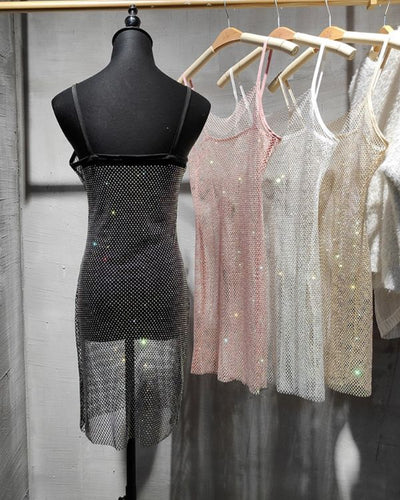 Glitzer Netzkleider transparent Mesh mit Spaghetti Traegern 