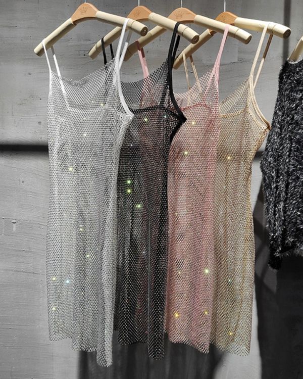 Netz Glitzer Kleid mit Spaghetti Traegern - Festival Party Kleider in silber, gold, schwarz und rosa