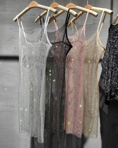 Netz Glitzer Kleid mit Spaghetti Traegern - Festival Party Kleider in silber, gold, schwarz und rosa