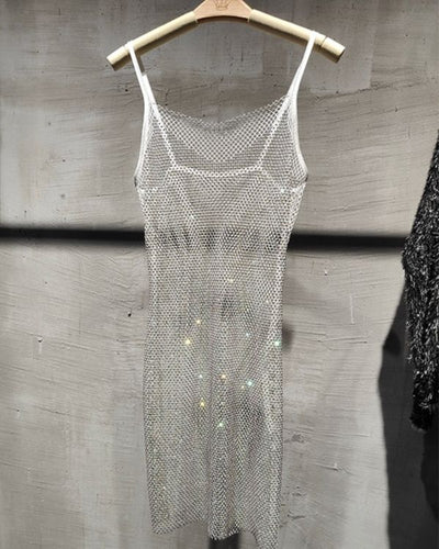 Silbernes transparentes Mesh Glitzer Netz Kleid - Festival Party Kleid