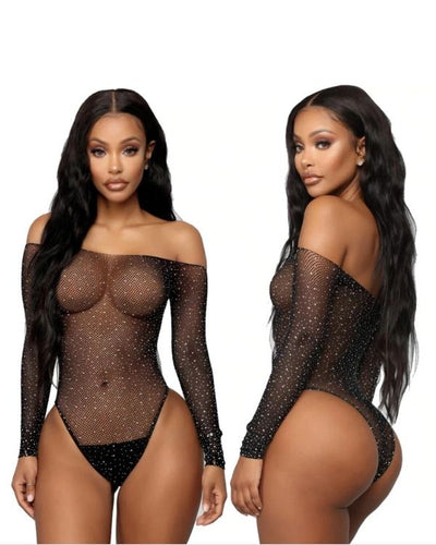 Schwarzer eng anliegender schulterfreier Netz Bodysuit Overall mit Glitzersteinchen Strasssteinen 