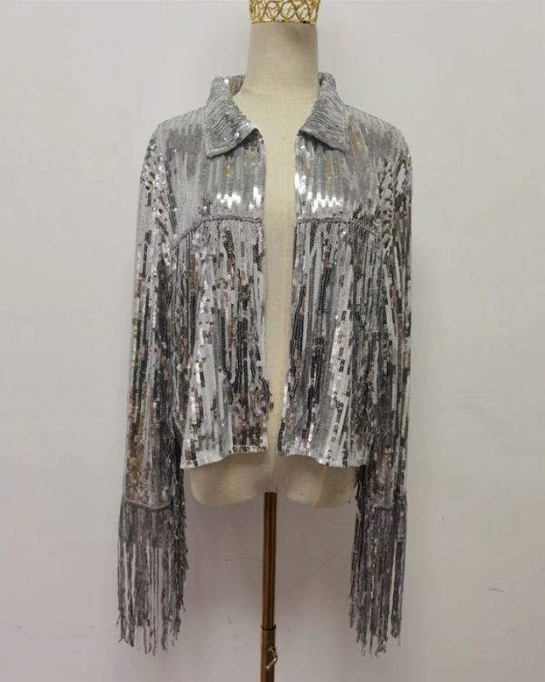 Silberne Glitzer Pailletten Jacke mit langen Aermeln und Fransen 