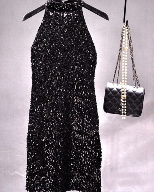 Schwarzes Pailletten Glitzer Kleid mit Neckholder Verschluss - Elegantes Shine Kleid in schwarz