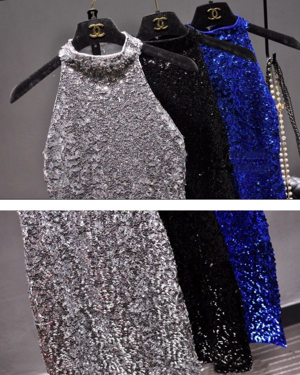 Glitzer Kleider aus Pailletten - Hochwertige Damen Kleider in silber, schwarz und blau aus Pailletten