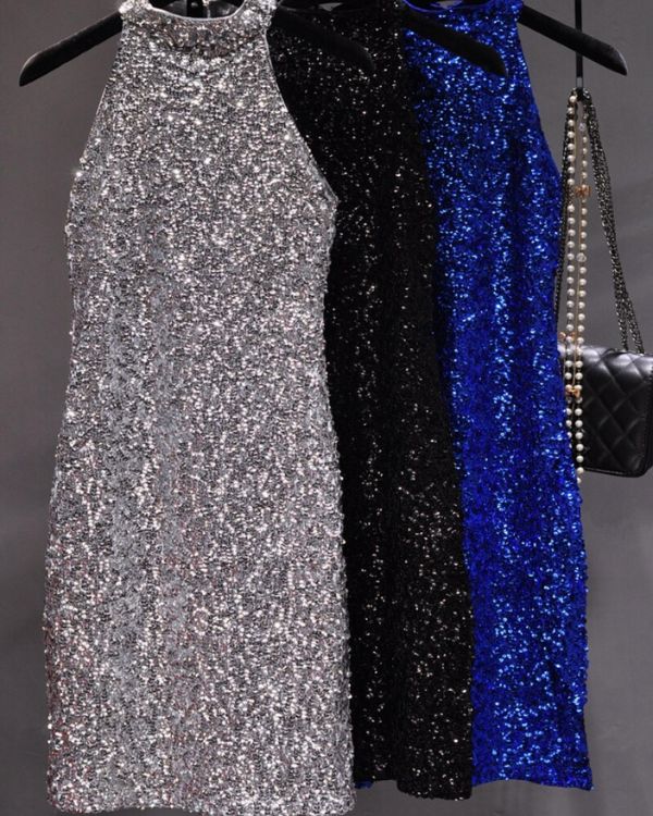 Silber, schwarzes und blaues hochwertiges Glitzer Kleid - Silvester Club Kleid
