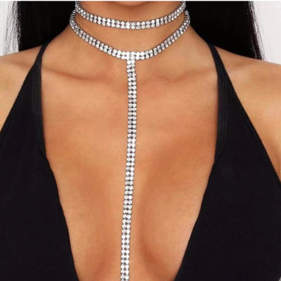 Diamanten Choker Halskette mit Doppel Glitzerkette und einer langen Kette nach unten