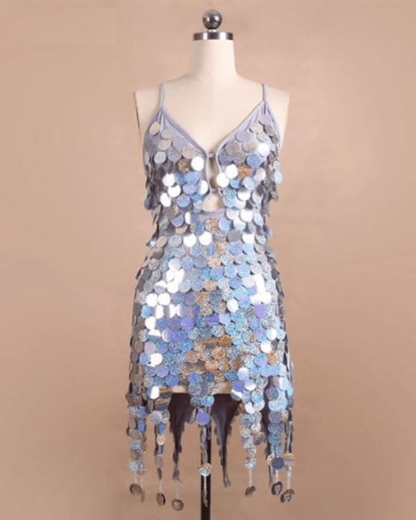 Silbernes Pailletten Glitzer Festival Kleid - Elfen Burning Man Style Kleid 