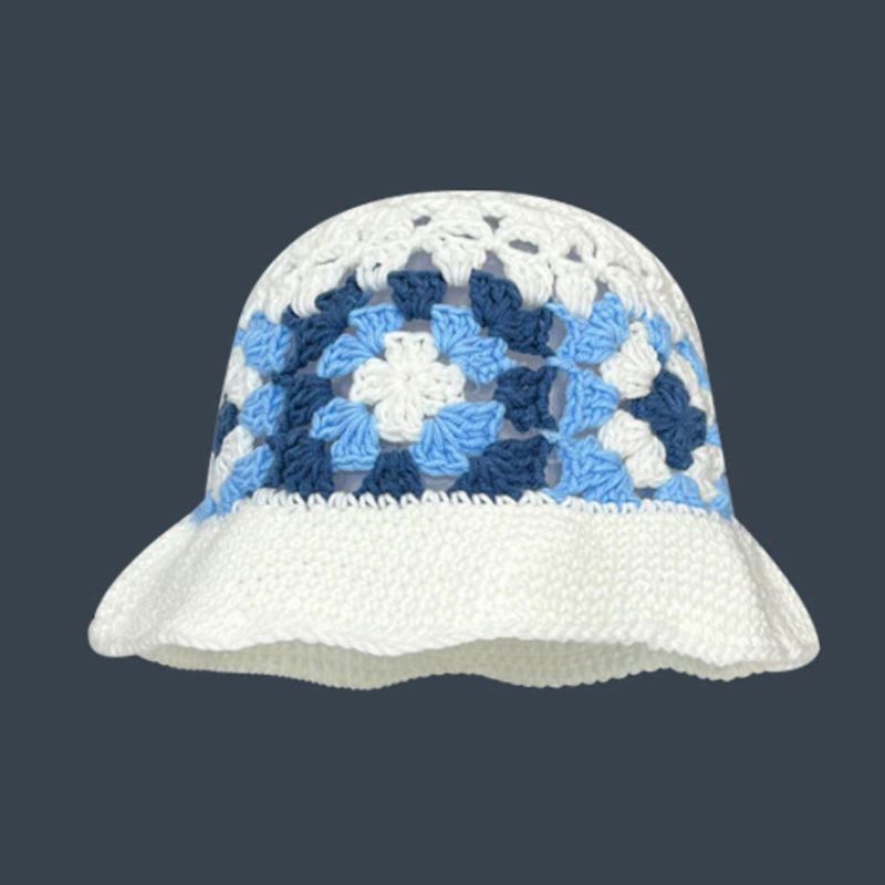 Weiss blauer gestrickter Sommerhut Buckethat Haekel Hut Kopfbedeckung Damen 