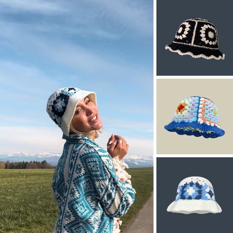 Gestrickter Haekel Fischerhut Bucket Hat mit Blumen Mustern - Boho Sommerhut