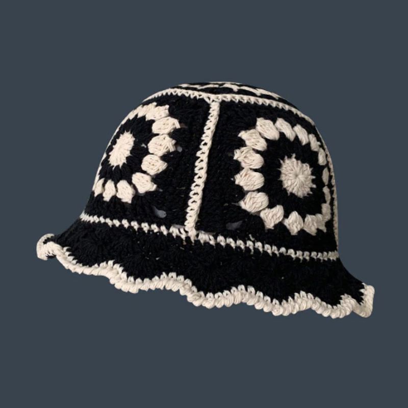 Schwarz weisser Blumen Haekel Buckethat Fischerhut mit Blumen Muster 