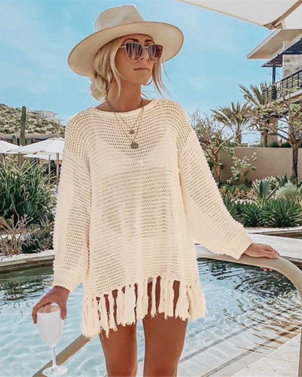 Boho Beach Netzshirt Netzpullover Haekel Crochet Fashion Pullover im Oversize Look mit Fransen an den Enden