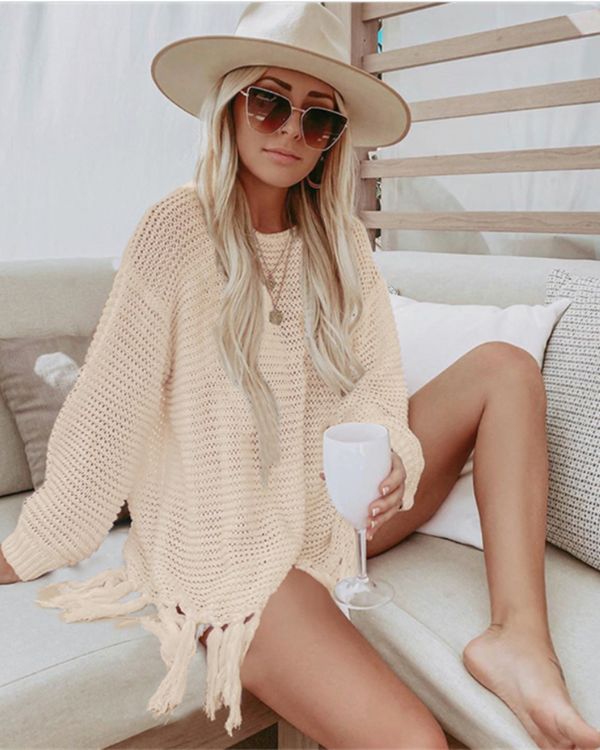 Boho Fransen Crochet Haekel Pullover Netz Shirt im Oversize Look mit Fransen an den Enden
