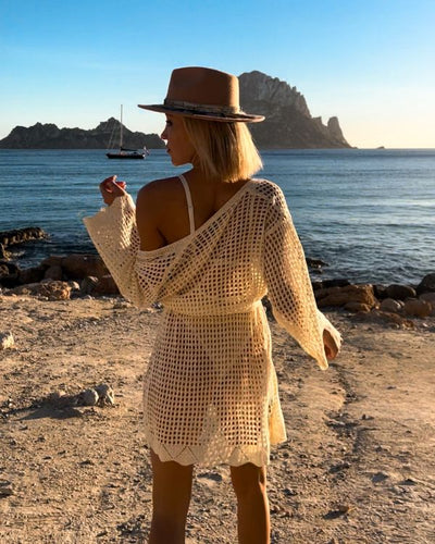 Strick Knitted Haekel Cardigan Kimono in beige mit Gurt