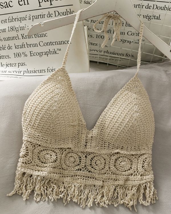 Beiges Boho Damen Crochet Top Haekeltop mit Fransen und Mustern - Hippie Tops online kaufen