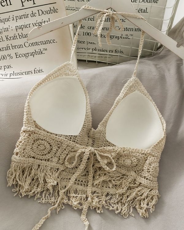 Baumwolle Crochet Crop Top mit Innen Polster - Rueckenfreies Damen Top