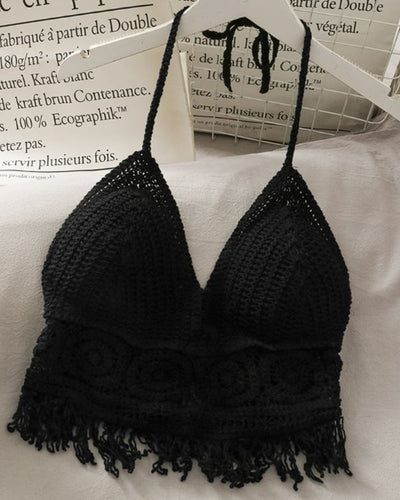 Schwarzes Boho Haekeltop Crochet Crop Top mit Fransen - Hippie Ibiza Boho Style Tops online bestellen