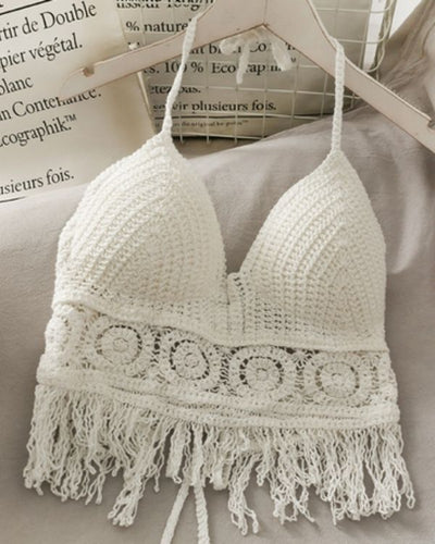 Weisses Damen Haekeltop Crochet Crop Top mit Fransen und runden Mustern 