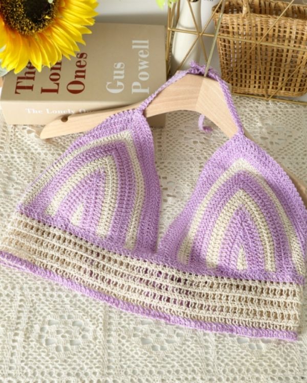 Crochet Haekeltop in violett beige gestreift - Crochet Crop Top Damen in hellen Sommerfarben 