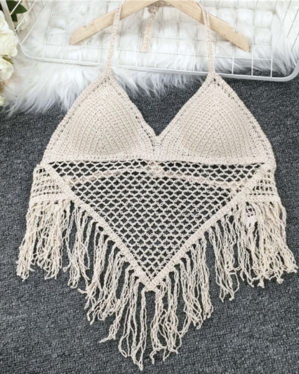 Häkeltop Crochet Crop Top mit Spitze und Fransen - Boho Hippie Style Neckholder Damen Top 