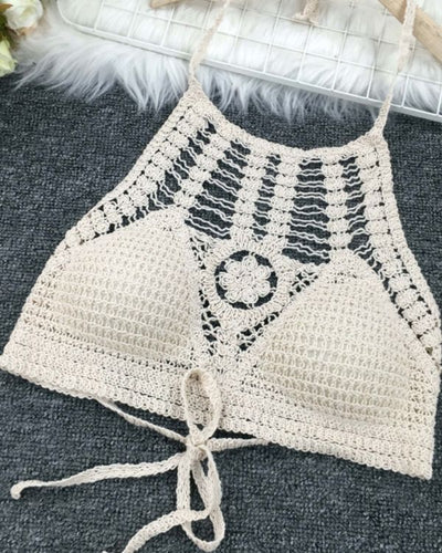 Creme weisses Haekel Crochet Crop Top zum binden am Nacken und mit Innen BH Polster - Boho Hippie Crochet Tops Damen
