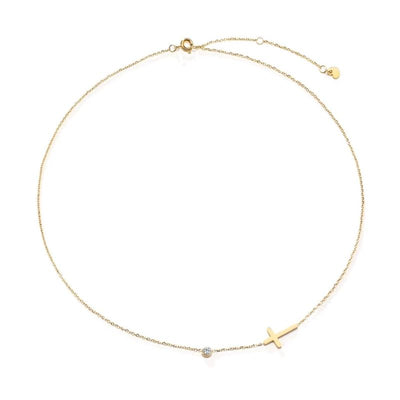 Goldene Damen Halskette Choker mit liegendem Kreuz Symbol und Zirkonia Stein 