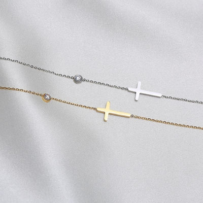 Damen Halskette Choker Modeschmuck Kette mit Kreuz Symbol und Zirkonia Glitzer Stein 