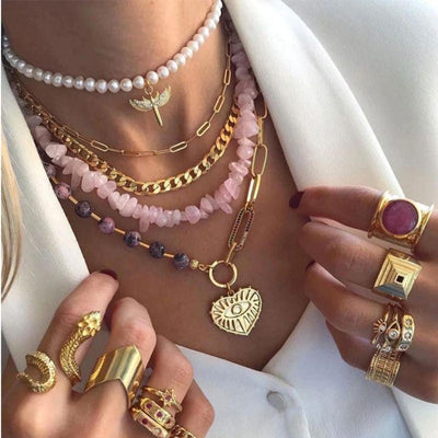 Rosa Steine Perlenkette und Gliederkette Set Boho Schmuck Damen