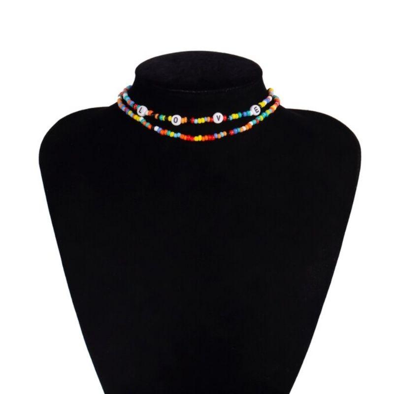 Farbiges Doppel Perlenkette Halskette Choker mit Love Buchstaben 