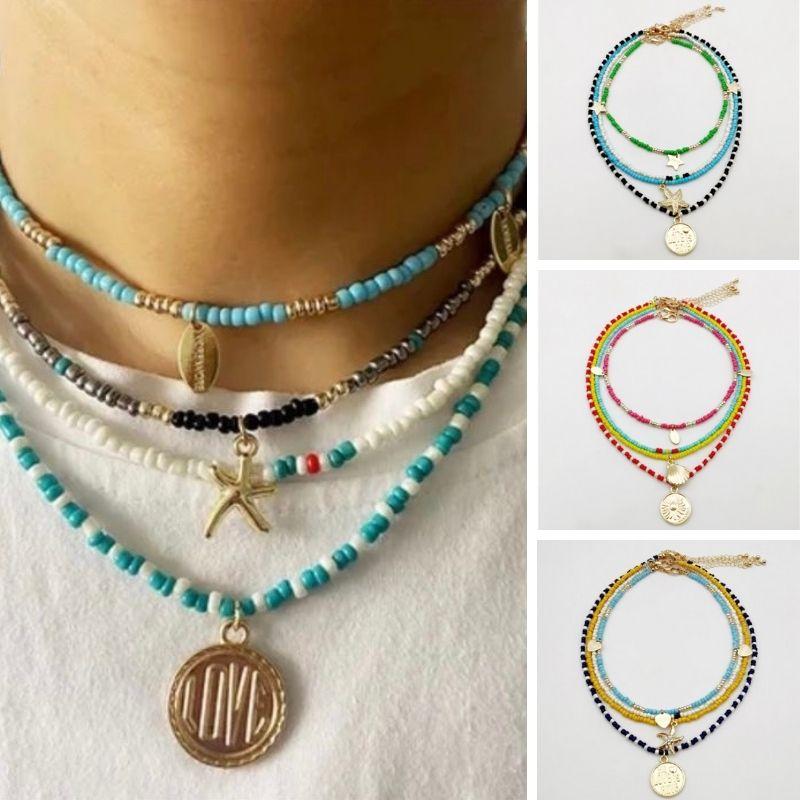 Farbige Perlen Choker Halsketten Set mit Muschel und Seestern in gold - Bunte Perlenketten Damen Halsketten