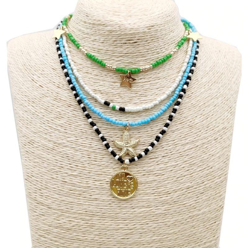 Farbige gemischte Perlen Halsketten Set Choker - Schwarz Weiss  Blau und Grün gemischt